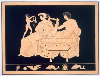 Paar entspannt sich mit einer Lyra, veröffentlicht 1808-10: Illustration aus einem Einband von Peintures de Vases Antiques Vulgairement Appeles Etrusques von Aubian Louis Millin de Grandmaison